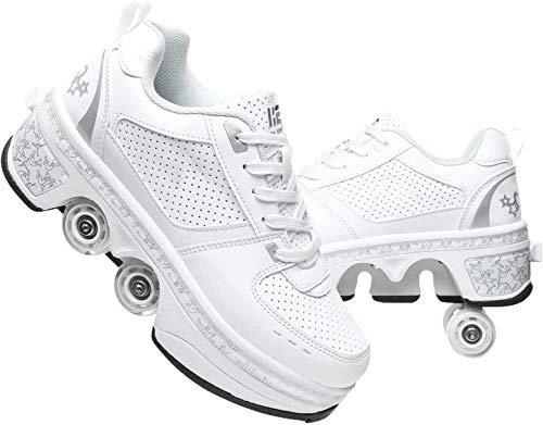SHANGN Inline-Skate, 2-in-1-Mehrzweckschuhe, Verstellbare Quad-Rollschuh-Stiefel,White-EU37/UK4