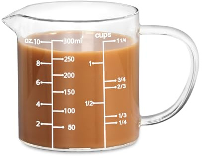 77L Messbecher Glas, [Wärmeisolierter Griff, V-förmiger Ausguss, Drei Skalen], Messbecher hochborosilikatischem Glas, Geeignet Für Küche Oder Esszimmer, Gut Ablesbar, 300 ml (0.3 Liter, 1 1/4 Tasse)