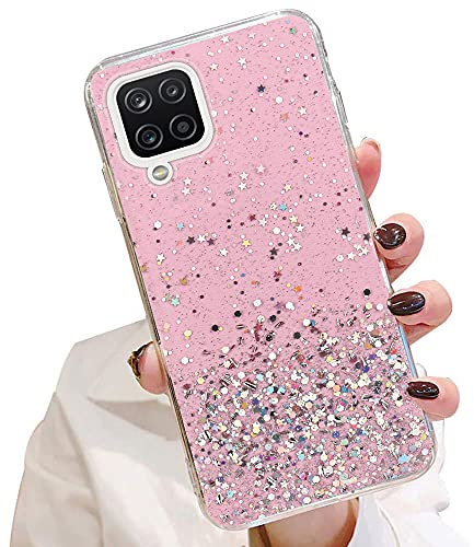 LCHULLE for Samsung Galaxy A12 Case Star Glitter Shiny Slim Fit Shockproof Protective Girly Women Crystal Clear Phone Case Cover for for Samsung Galaxy A12-Pink