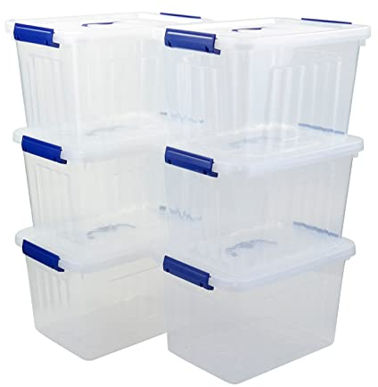 Buyitt Set of 6 Plastic Storage Bins with Lid, 12 Litre Storage Latch Boxes, Clear, f
