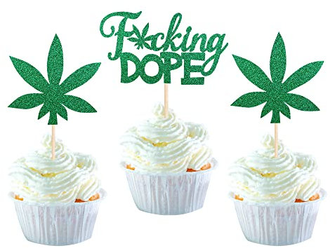 SYKYCTCY 24 Pack Pot Weed Leaves Cupcake Toppers Green Glitter Plant Fucking Dope 420 Birthday Cupcake Picks Marijuana Theme 420 Birthday Party Cake Decorations Supplies