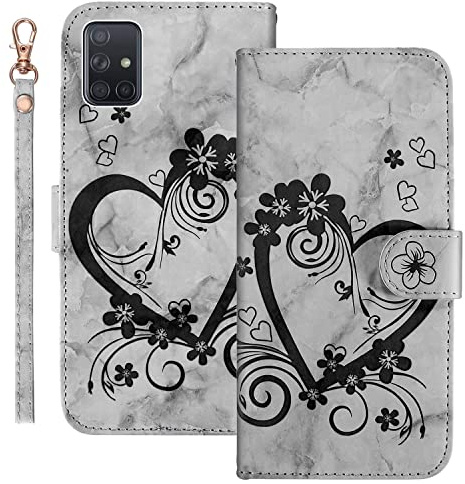 Ailisi Blume Herz Klapphülle für Samsung Galaxy A51 4G SM-A515F - Schwarz | Marmor Muster,PU-Leder Flip-Hülle, Brieftaschen-Design,Magnetverschluss,2 Kartenfächer,stoßfester Innenschutz,Standfunktion