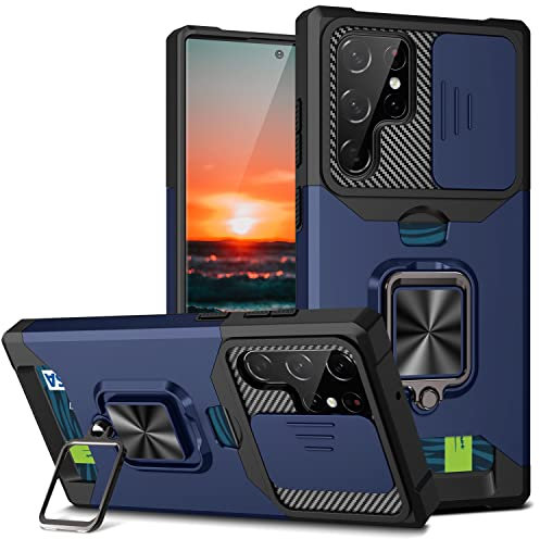 for Samsung S22 Ultra Case with Screen Protector, Sliding Camera Cover and Card Holder, Ring Kickstand Military Shockproof Full Body Protective Shell for Samsung S22 Ultra 5G (Galaxy S22 Ultra,Navy)
