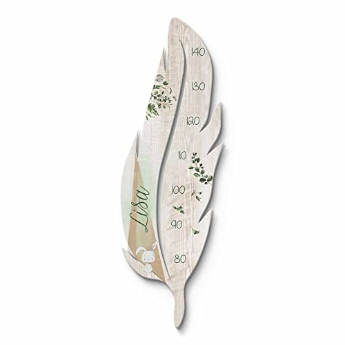 Feder Messlatte Kind aus Holz mit Namen personalisiert - Kindermesslatte mit Blättern & Hase - Messleiste für Baby o. Kinderzimmer - Mädchen Jungen Meterstab