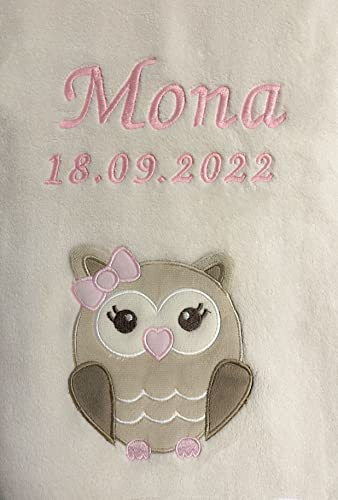 KIDDI-MEDIA Babydecke mit Name und Geburtsdatum Bestickt/kuschelig weich / 1A Qualität (Beige - Eule)