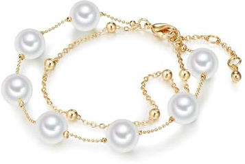Lulu Jane Damen Armband Messing gelbgold rund Muschelkernperle 10 mm weiß Modeschmuckarmband