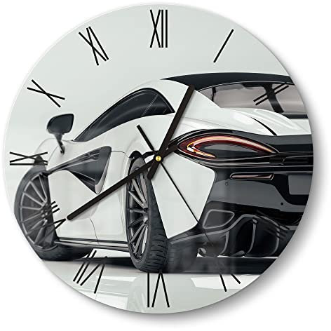 DEQORI Glasuhr | rund Ø 30 cm | Motiv Sportliches Auto | ausgefallene leise Design Uhr aus Glas | Wanduhr für Wohnzimmer & Küche | Moderne Hingucker Uhr für die Wand