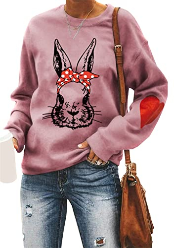 Yming Damen Bunny Muster Pullover O Hals Sweatshirts Ostern Casual Langarm Sweatshirts Rosenrot S