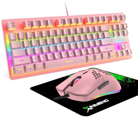ZIYOU LANG Rosa Wired Gaming-Tastatur-Maus-Set, TKL 80% QWERTY Layout, Kompakt 87 Tasten, Klickbarer Blauer Schalter, Regenbogen-LED-Backlit Mechanische Tastatur + 6400 DPI Leichte Honeycomb Mouse