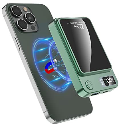 Externer Akku, magnetisch, kabellos, 10.000 mAh, 20 W, USB C, Schnellladung, PD QC 3.0, Power Bank, tragbar, dünn und leicht, in Mini-Größe, kompatibel mit iPhone 14 15 13 12 Plus Pro Max (grün)