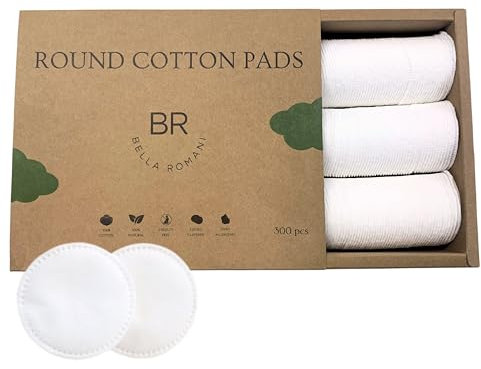 Bella Romani Cotton Rounds Makeup Remover Pads - Pack of 300 - Organic Pads, Lint Free, Eco-Friendly, Compostable, Unique Triple Layers & Ultra Soft - Nail Polish Remover, or Baby Care Pad (300 Count)