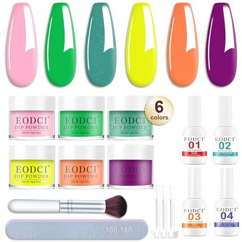 Eodci 12 Stücke Dipping Powder Nails Starter - 6 Farben Neonrosa Gelb Orange Lila Frühlings Sommerfarben Dip Puder Kit mit Base Top Coat, Activator and Nägel Brush Dip Maniküre Sets für Anfänger