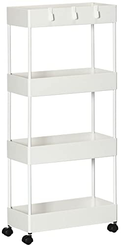 HOMCOM Carrito Auxiliar con Ruedas Carrito de Almacenamiento con 4 Cestas y 4 Ganchos Extraíbles para Cocina Baño Salón 40x19x90 cm Blanco