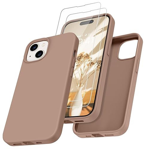 DOMAVER Coque de Téléphone Silicone iPhone 15 avec 2 Verre Trempé, Liquide Case Antichoc Double en Microfibre, Coque avec Protection écran iPhone 15, Brune - Marron