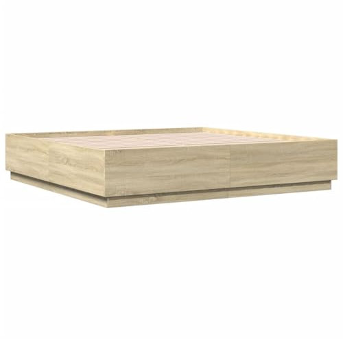 vidaXL Cadre de Lit avec Lumières LED, Lit Double avec Sommier à Lattes, Lit Adulte de Chambre, Moderne, Chêne Sonoma 200x200 cm Bois Ingénierie