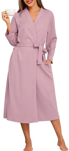 Lovasy Waffle Dressing Gowns for Women UK Cotton Lightweight Spa & Bath Robes for Women Ladies Kimono Dressing Gowns Women's Full-Length Robes with Pockets for Hotel Nursing Pregnancy,Light Pink,L