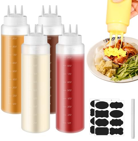 Vegena 4 bottiglie da spremere da 1000 ml, in plastica, con 3 beccucci, adesivi, bottiglie di salsa con scala di misurazione, per salse, ketchup e condimenti per insalate