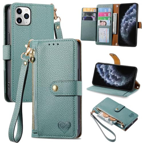 VEEMOS Zipper Wallet Case for Apple iPhone 11 Pro Phone Case with Purse Card Holders RFID Blocking Leather Flip Case Book Cover Wrist Strap Women - Green