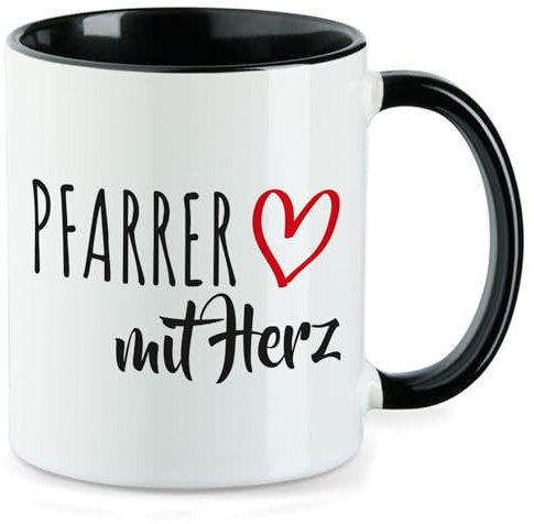 Huuraa Kaffeetasse Pfarrer mit Herz Geschenk 330ml Schwarz Pfarrer Präsent