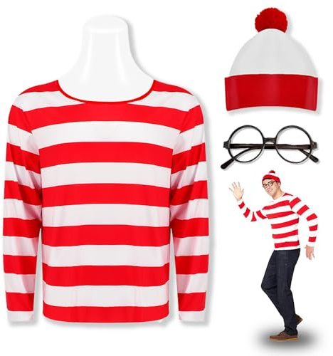 Feeziloe Costume pour homme Where's Wally - Chapeau haut-de-forme - Lunettes - Chaussettes - Rouge et blanc - Costume plus frais pour la journée mondiale du livre
