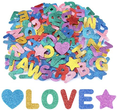 Hejo 196 Stück Moosgummi Buchstaben, Funkeln Aufkleber, Bunte Glitzer Selbstklebend, Glitter Alphabet Klebebuchstaben Groß für Kartendekoration Kinder Lernen