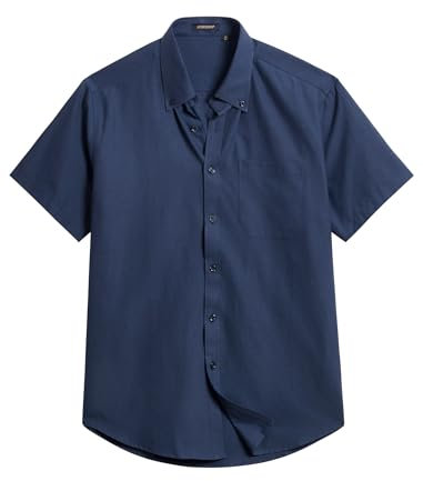 HINDERN Shirts for Men Oxford Formal Shirts Short Sleeve Dark Blue Plain Men's Smart Button Down Regular Fit with Pocket, L