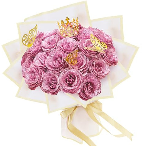 LARDUX Bouquet di 24 rose glitterate, bouquet di rose artificiali per San Valentino, bouquet di fiori finti glitterati fai da te con corona, per regali di matrimonio, anniversario, fidanzamento,