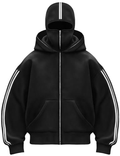 PADOLA Cagoule Zippé Pull Homme Balaclava Polaire Veste Hiver Grande Taille Sweat à Capuche Rayé Y2K Zip Hoodie Chaud Coupe-Vent Veste mi Saison Masque Sweats Moto Vélo Blouson Manteau (S, 0 Noir)
