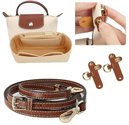 vnfsmy Schultergurt und Organizer kompatibel mit Longchamp Mini Tasche Damen, Leder Mini Bag Straps und Filz Mini Taschenorganizer, No-Punch, 1.2CM längenverstellbarer Ersatzriemen aus Leder Braun