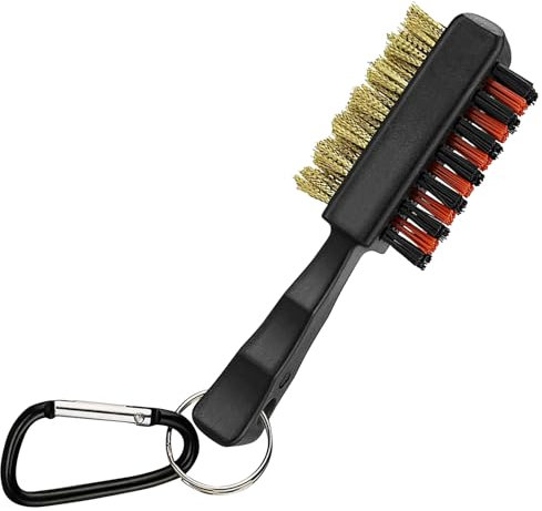 Golf Club Cleaner Brush, Dual Sided Golf Groove Cleaner Tool with Metal Buckle and Nylon Bristles, Golf Brush for Irons Balls Shoes Spike, Golf Club Cleaning Kit Easy Hanging on Bag (1 Pack, Black)