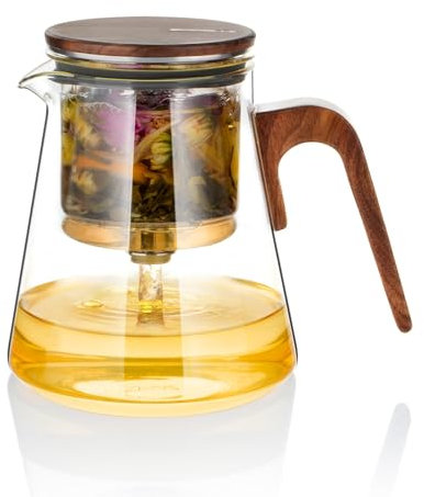ZENS Magnetic Glass Teapot with Infuser, Magic Loose Leaf Teapot with Magnetic Suction Lid for Mess-Free Herbal Tea Diffusers, Walnut Wood Handle, Tea Lovers Gifts