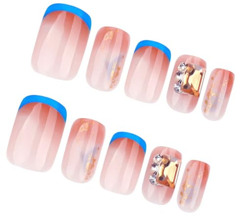 Lot de 30 faux ongles avec strass - Bleu français - Couverture complète - Faux ongles scintillants - Presse courte sur les ongles