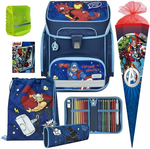 Pridera Scooli Schulranzen Jungen 1.Klasse EasyFit (8tlg. Set mit Schultüte Schreibset, Regenhülle gratis, Avengers)