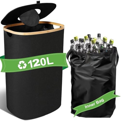 Aischens 120L Gray Recycling Bin for Kitchen,Indoor & Outdoor,Large Recycling Bin with Lid,32 Gallon Tall Kitchen Trash Can,Dual Waste and Bottle Container,Indoors