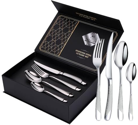 VIQWYIC Juego de cubiertos de 24 piezas, cubiertos martillados, cuchillo de acero inoxidable, tenedor, cuchara, juego de cubiertos para 6 personas, modernos cubiertos de plata para
