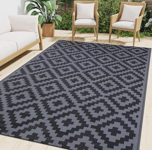 smiry Outdoor Teppich Wasserfest Balkon Camping Teppiche UV-beständig Waschbar Außenteppich Draussen Wendbarer für Terrasse, Garten, Wohnmobil - 120 x 180 cm, Schwarz & Grau