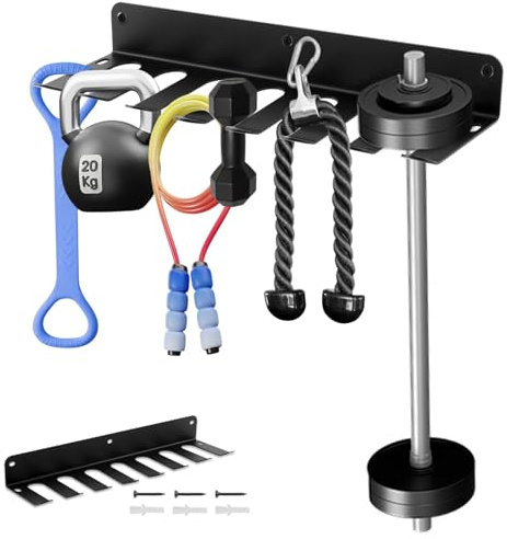 Gym Rack Organizer, Versatile Wall Mounted Barbell Holder 7 Slots Gym Equipment Storage Rack, Home Gyms Accessories Hanger, Wall Mount Hooks for Resistance Bands, Jump Ropes, Lifting Belt, Dumbbell