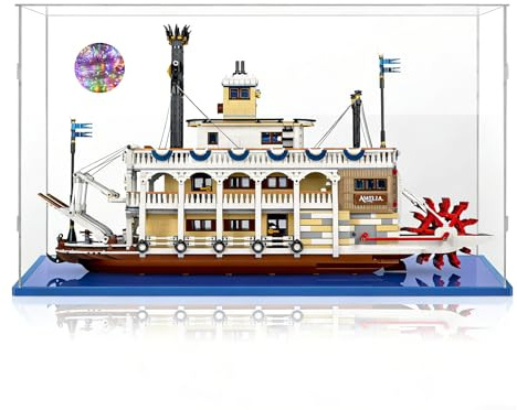 AAABOX Acryl Vitrine Schiff 75x25x43 für Lego Flussraddampfer 21356 | Einfach Installieren,Staubschutz,Transparent,Blau Basis