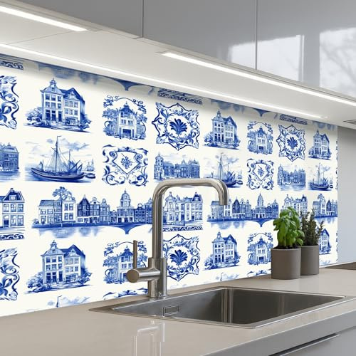 KitchenYeah© Splashback for kitchen 24x39 / 60x100 cm self-adhesive Back Splashes Kitchens Splash Guard Decor Houses - Ships - Blue