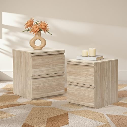 Hometopia 2er Set Nachttisch Holz mit 2 Schubladen, Moderner Nachtschrank in Holzoptik, Nightstand & Beistelltisch für Schlafzimmer, 40 × 40 × 49 cm