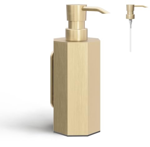 BVL Seifenspender Wandbefestigung Gebürstetes Gold, 250 ml Achteck | 1 Ersatz-Pumpenkopf, Klares Liniendesign, Aluminium-Material, Platzsparende