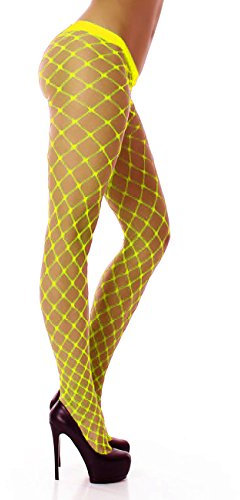 PrettyLoveHose Collant Résille Large Big Size (Noir, Beige, Blanc, Jaune, Bleu, Rose, Rouge) (Jaune Fluo)