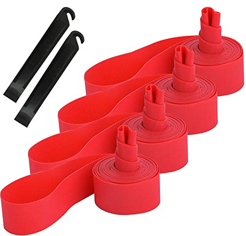 QitinDasen 4Pcs Premium PVC Fahrradreifen Felgenband, 27.5 Mountainbike Reifen Liner, Pannenschutz Felgenband mit 2Pcs Fahrrad Reifenheber (Rot)