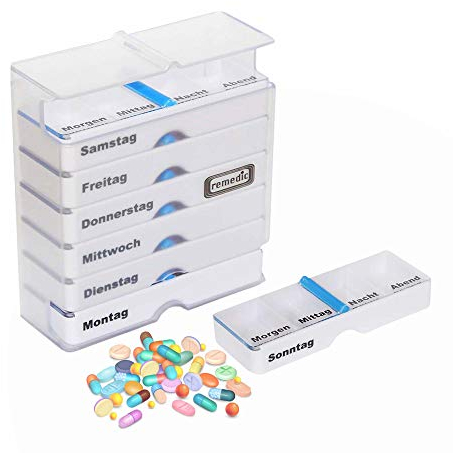 SHD – Wochendispenser für 7 Tage zur einfacheren Medikamenteneinnahme – Tablettenbox mit abnehmbaren Tagesdispensern für Ordnung nach Wochentagen und Tageszeiten (morgens, mittags, abends)