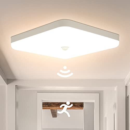 25 cm Plafon Led con Sensor de Movimiento Interior, 30W 220V Lampara Techo Cuadrado, Blanco Cálido 3000K Luz Detector Movimiento, IP56 Impermeable para Garaje Hall Pasillo