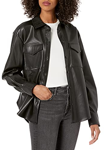 The Drop @lisadnyc Giacca Lunga Stile Camicia in Similpelle da Donna, Nero, XXS