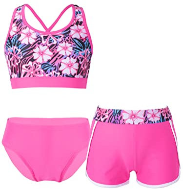 Alvivi Traje de Baño Deportivo para Niñas de Tres Piezas Crop Top y Leggings Elásticos Pantalones Cortos de Secado Rápido y Braga Bikini Ropa de Deporte Playa Natación Fucsia 7-8 años