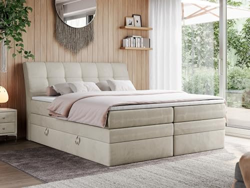 MKS MEBLE King Boxspringbett 180x200, Polsterbett 180x200 mit Bettkasten, Bett 180x200 mit Multipocket-Matratze H4, Boxspringbett 180x200 mit Kopfteil und Topper - H4 Beige Velvet - Gold-10