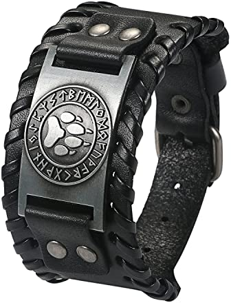 JewelryWe Breites Herren-Armband aus Leder, Punk-Armband mit Wolfsmotiv, breites Armband, verstellbar, Cosplay Halloween, Taglia unica, Edelstahl