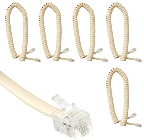Newhouse Hardware Telefonhörerkabel, 2,1 m, ungewickeltes / 0,4 m langes Spiralkabel, mit RJ9 (4P4C) Steckern, zum Verbinden von Telefon und Mobilteil, 5 Stück, elfenbeinfarben